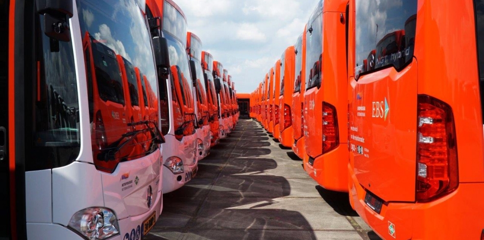 Nieuwe emissieloze bussen van EBS Haaglanden staan op een rij naast elkaar. Je ziet de voorkant en de achterkant