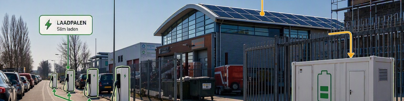Proeftuin met zonnepanelen, laadpalen en batterijopslag voor netbewuste werklocaties