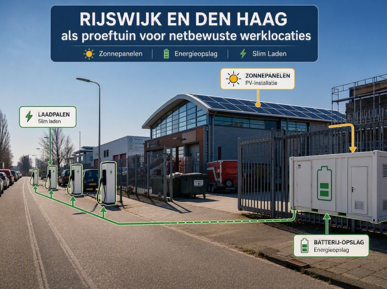 Proeftuin met zonnepanelen, laadpalen en batterijopslag voor netbewuste werklocaties
