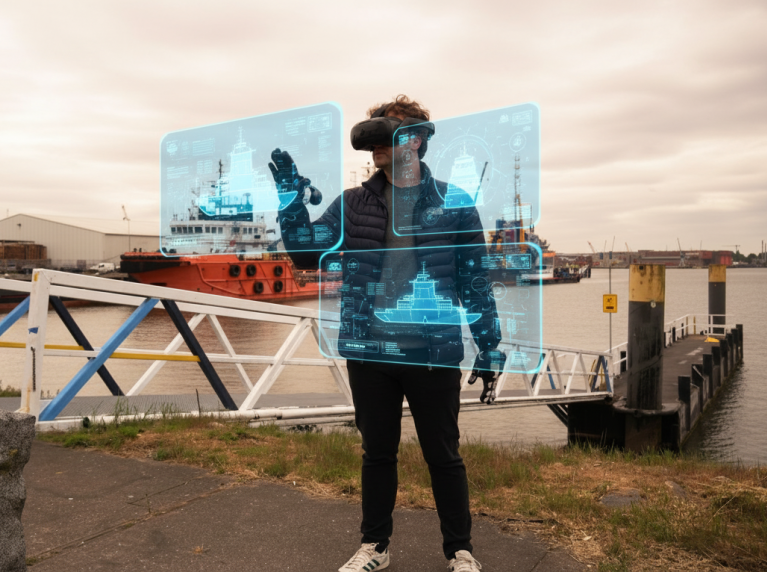 Man met VRbril in haven